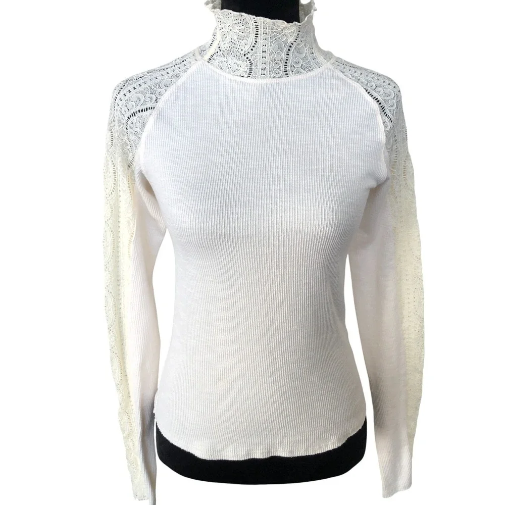 Free People Cream Feminine Fairy Hipster Lace Ribbed Mock Neck‎ Top Sz M